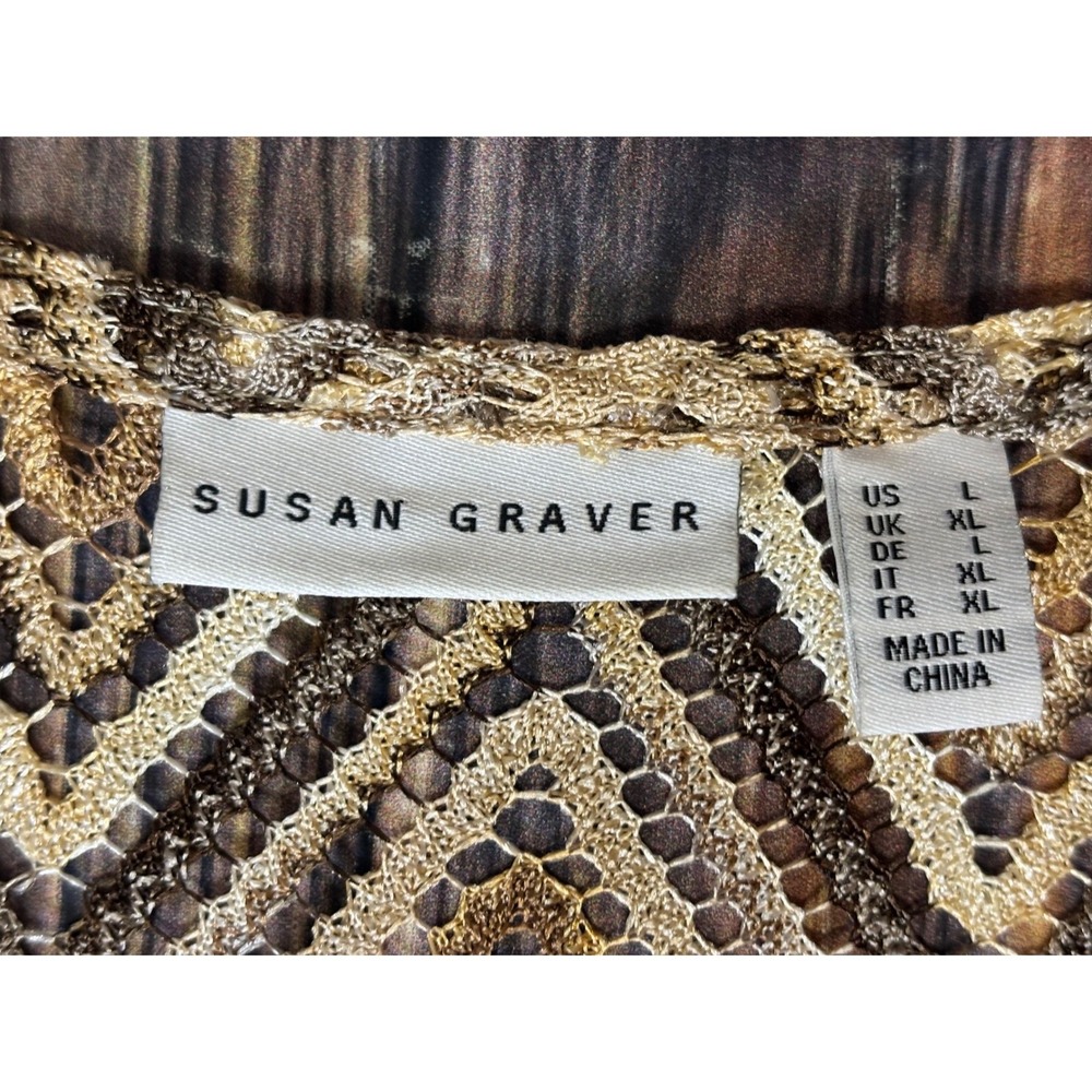Susan Graver Knit Cardigan Womens XL Gold Brown Zig Zag Print Open Front - Picture 8 of 12